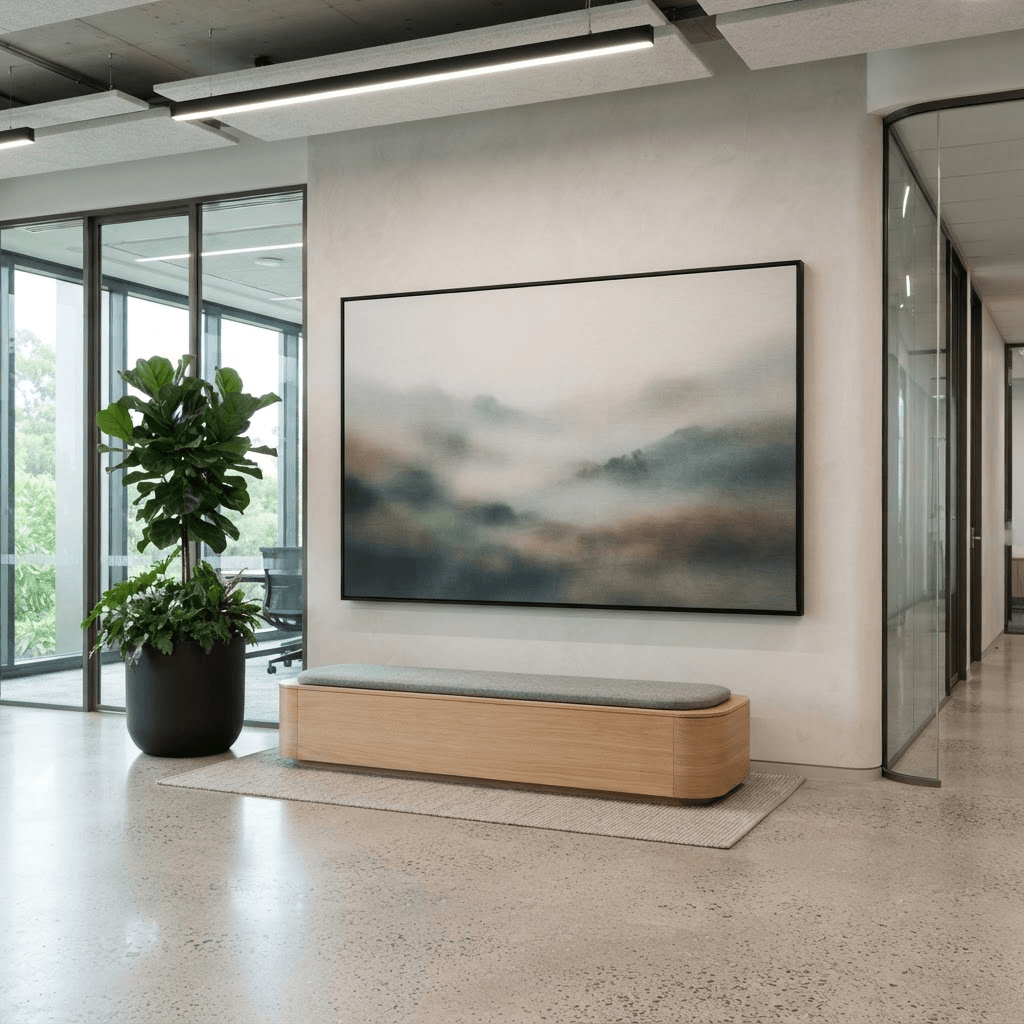 Ontvangstruimte met een groot akoestisch textielframe met bedrukt doek