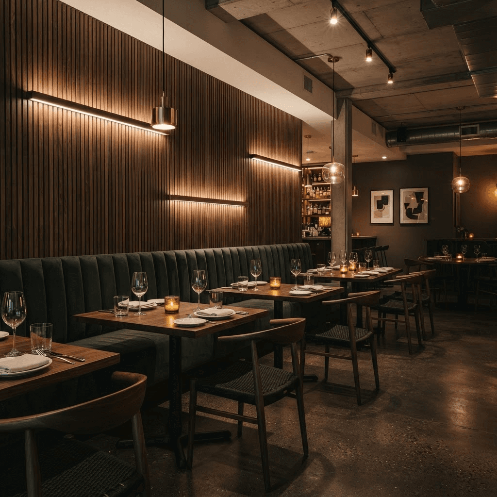 Restaurant met donkere houten akoestische panelen en verlichting