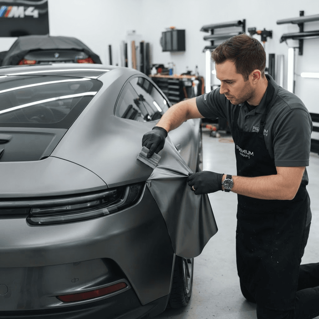 Car wrapping versus spuiten – professional die premium wrapfolie aanbrengt op een auto