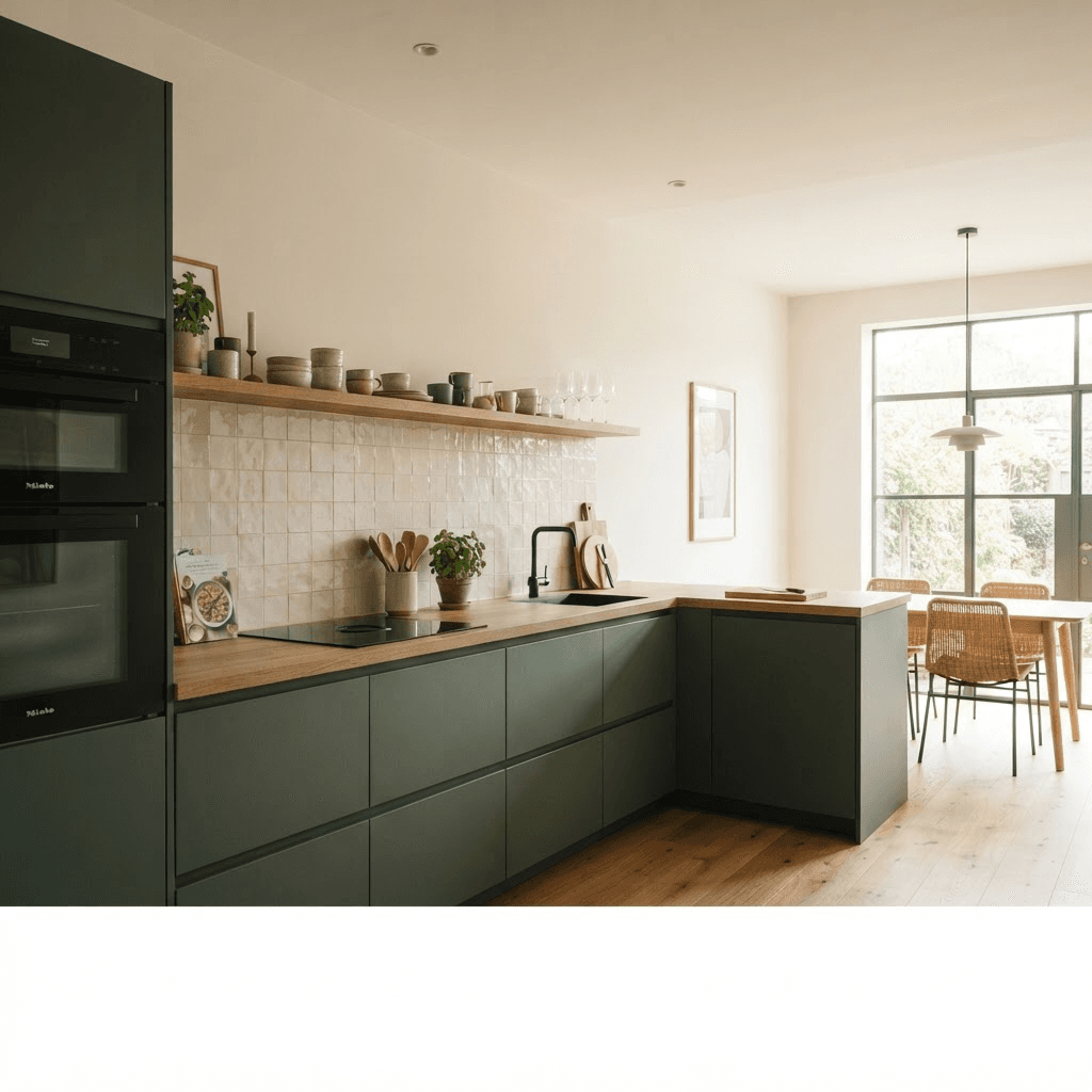 Gewrapte keukenkastjes in een matte kleur in een moderne keuken