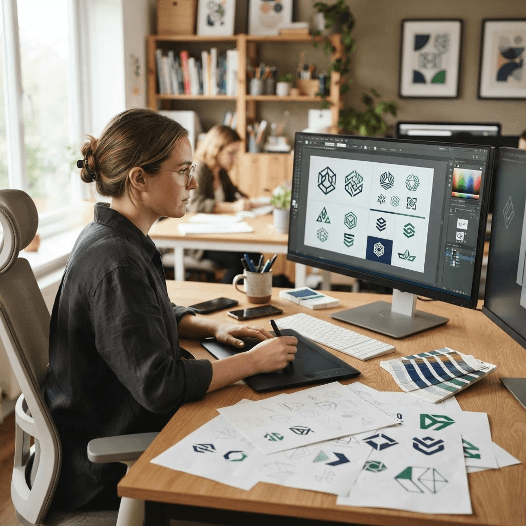 Ontwerper werkt aan logovarianten op een groot scherm