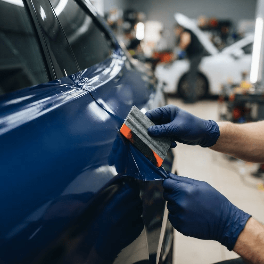 Wrapfolie wordt met een wikkelspatel over een autopaneel aangebracht